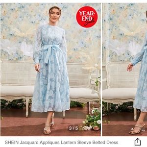SHEIN Blue Jacquard Appliques Lantern Sleeves Belted Dress. New without tags